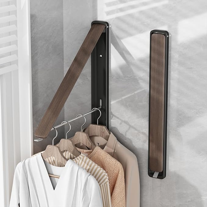Clothes Drying Rack for Laundry Drying Rack Wall Mounted Clothes Hanger Rack Retractable Laundry Hanger Dryer Rack Space Saving Closet Organizer Aluminium (Walnut)-NeatNest