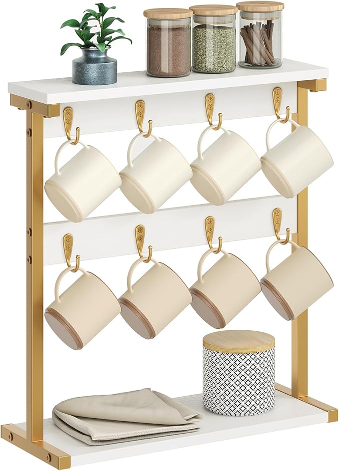 Coffee Mug Holder for Counter, 2 Tier Mug Tree Rack, with 8 Hook and 2 Open Shelves, Vintage Mug Holder Stand for Home Kitchen, White and Gold MH43DW-NeatNest