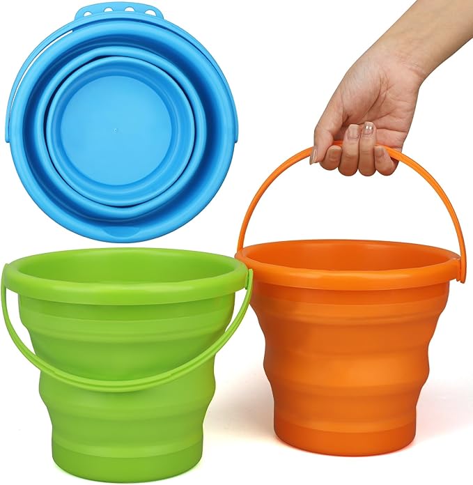 Foldable Beach Sand Toy Bucket for Kids Adults, Jumbo Collapsible Sandbox Bucket, Foldable Pail with Mesh Bag, Multi Use for Garden Beach, Camping, Easter Basket Gift, Fishing, Travelling 3PCS-NeatNest