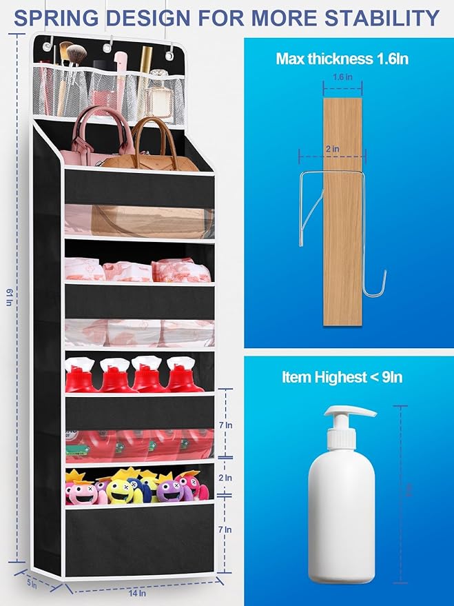 2 Pack Over the Door Storage Organizer, Space Saving Closet Hanging Organizer Large Capacity Behind Door Storage for Nursery Baby Essentials Pantry Bathroom Bedroom Diaper Organizer, Black