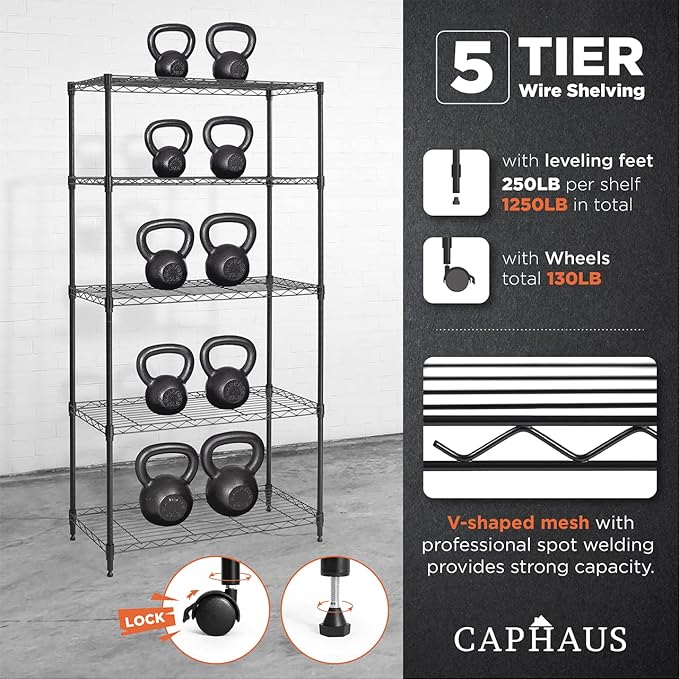 CAPHAUS 3/4/5-Tier Adjustable Height Wire Shelving Unit, Wire Rack Shelving, Metal Steel Storage Shelves, Garage Shelving Storage Organizer, Utility Storage Shelf, 5-Tier With Wheels, Black-NeatNest