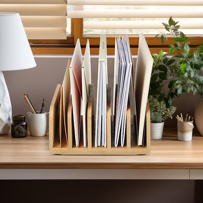 Desk Mail Organizer Bamboo File Holders Countertop Paper Organizer Letter Sorter 5 Compartments Envelope Holders with Anti Slip Mat for Home Office School Desktop Document Storage