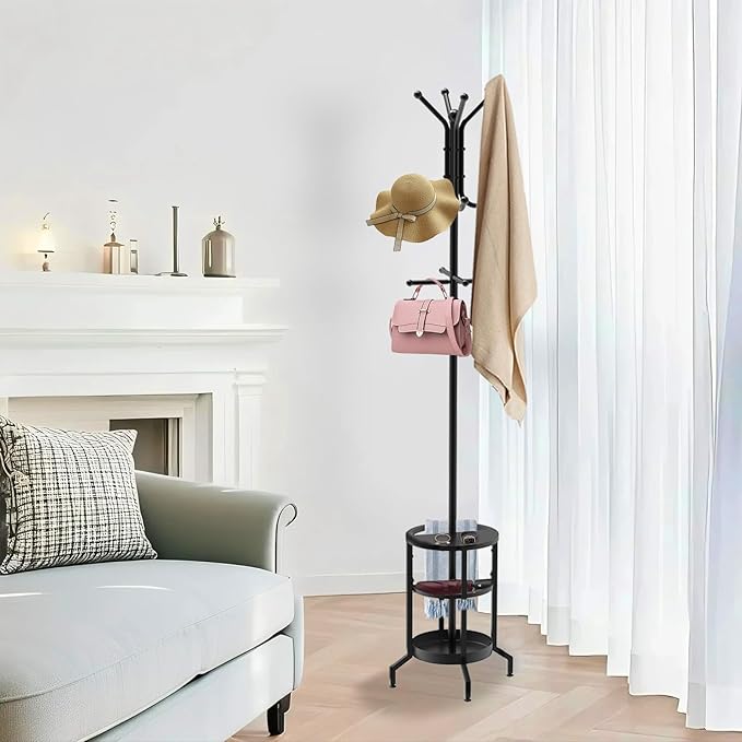 Coat Rack Freestanding, Coat Stand with Umbrella Holder, Metal Coat Tree with 12 Hooks, Coat Hanger Stand for Entryway, Coat Rack Stand for Bedroom, Living Room & Office-NeatNest