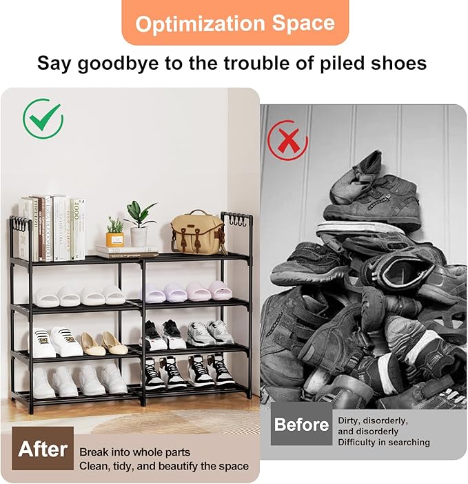 2 Rows 4 Tier Shoe Rack, Black Metal Stackable Shoe Shelf with Multifunctional Hooks, Hold 16-20 Pairs, Space Saving Shoe Organizer for Closet, Bedroom-NeatNest
