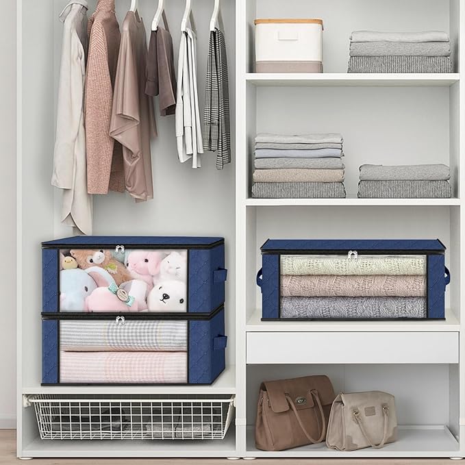 HomeHacks Storage 8-Pack Clothes Organizer Storage Bags Foldable Storage Box with Large Clear Window Sturdy Handles for Closet, Dorm, Pillows, Bedding, Clothes, Blankets, 35L, Blue-NeatNest