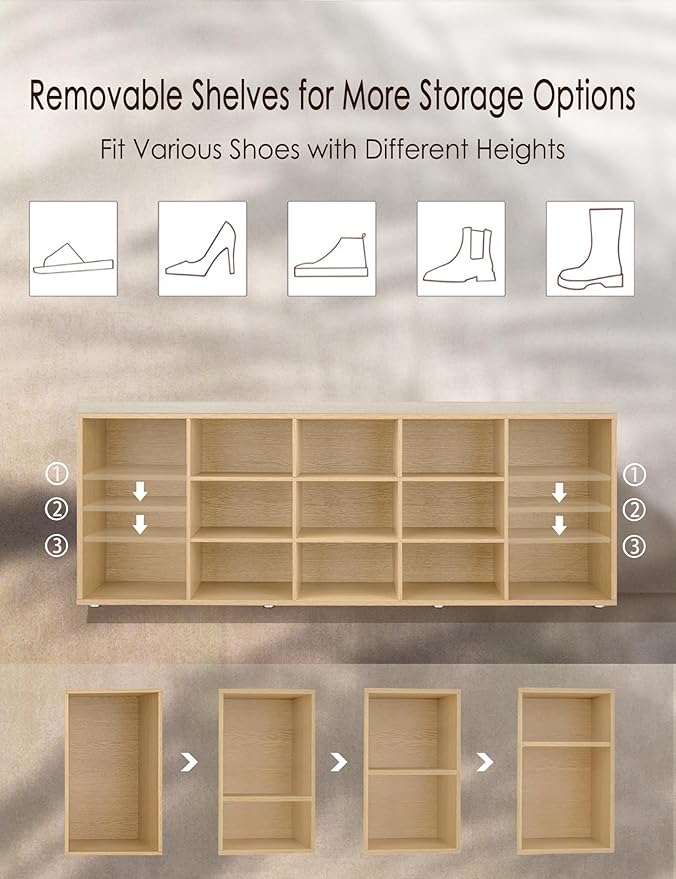 DINZI LVJ Shoe Storage Bench with Cushion, 15-Cubby Shoe Rack, Adjustable Shelves, Long Shoe Organizer Bench for Entryway, Mudroom, Hallway, Living Room, Bedroom and Garage, Natural-NeatNest