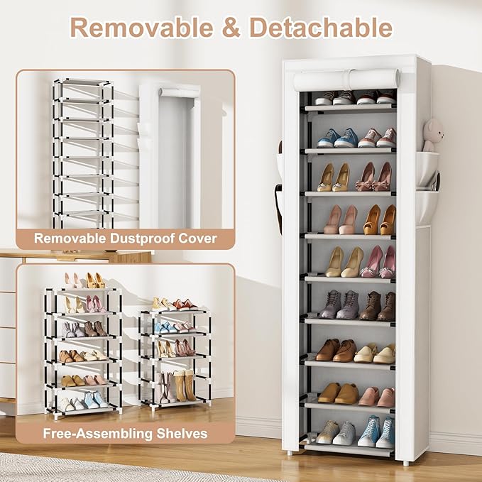 Shoe Rack with Cover Narrow Shoe Rack Organizer with 4 Side Pockets 10 Tier Tall Shoe Storage Shoe Shelf Holds 18-22 Pairs Shoes and Boots Shoe Rack for Closet, White-NeatNest