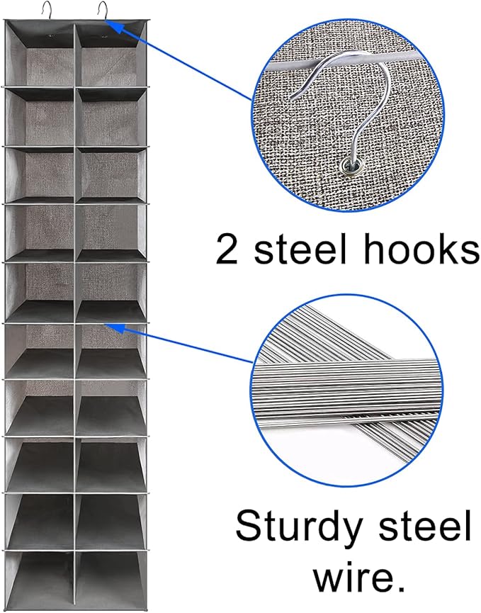 coastal rose Hanging Shoe Organizer for Closet, 20 Sections Hanging Closet Organizer and Storage Shelves, Space Saving Shoe Rack for Closet, Grey, 12''W×12''Dx 50''H-NeatNest