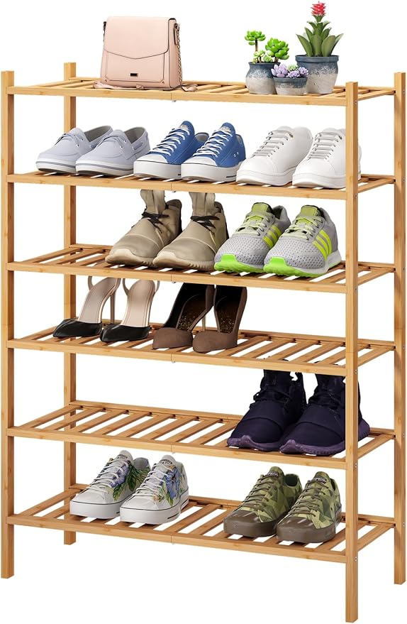 6-Tier Bamboo Shoe Rack for Entryway, Stackable | Foldable | Natural, Shoe Organizer for Hallway Closet, Free Standing Shoe Racks for Indoor Outdoor-NeatNest