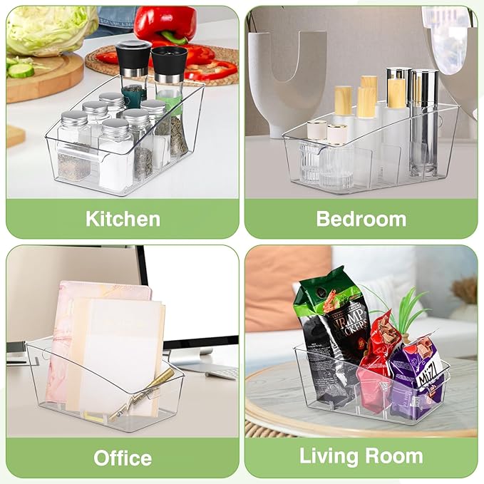 4 Pack Clear Pantry Organizer Storage Bins Removable Snack Organizer Plastic Cabinet Organizers Racks with 3 Dividers, Refrigerator Bins, Kitchen Storage-NeatNest
