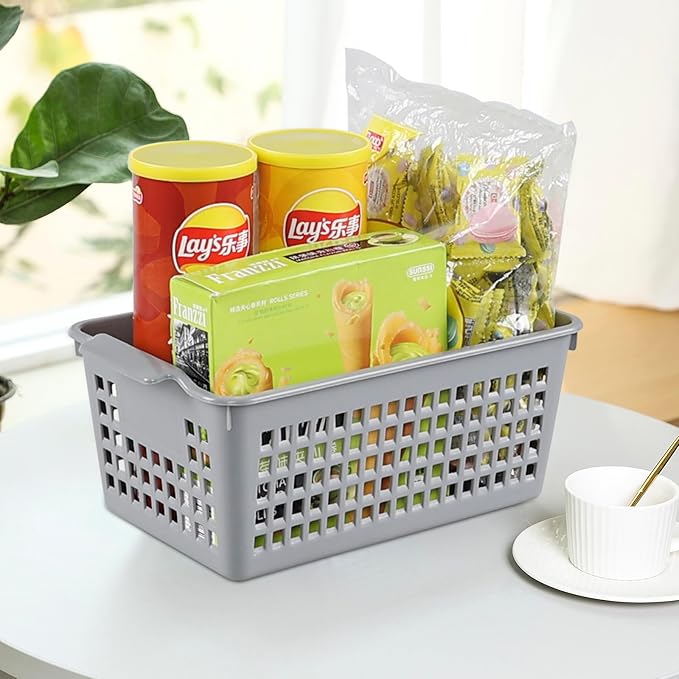 Plastic Storage Baskets, 6 Packs Shelf Kitchen Pantry Organizer Bins, Grey-NeatNest