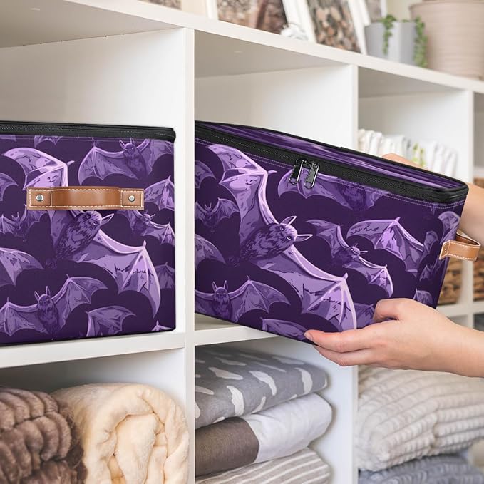 Halloween Bat Storage Bins with Lids, Purple Bats Fabric Storage Boxes with Zipper, Collapsible Decorative Closet Organizer Cube for Clothes,Organizing, Shelves-NeatNest