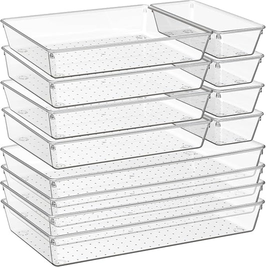 Criusia 12 Pack Large Clear Plastic Drawer Organizer Trays | MULTI-USE Acrylic Drawer Storage for Kitchen, Bathroom, Makeup, Office, School, Undies | College Dorm Room, Home Apartment Essentials-NeatNest