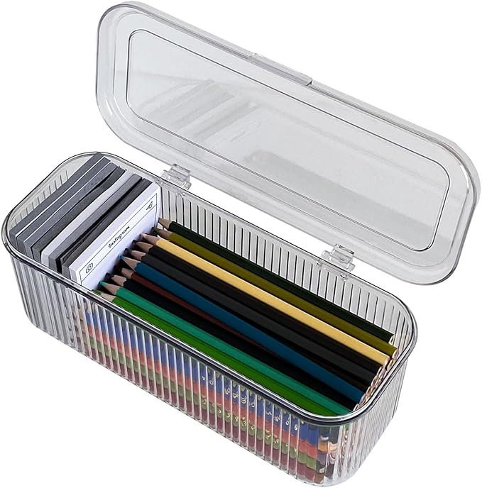 Clear Pen Organizer with Lid, Plastic Desk Drawer Accessories Storage Box for Home Office and School Classroom Organization, Art and Crafts Case for Marker, Pencils, Stationery-NeatNest