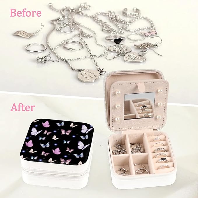 Butterfly Small Travel Jewelry Organizer, Necklace Box with Mirror, Leather Mini Travel Jewelry Case, Best Present for Women's and Girls-NeatNest
