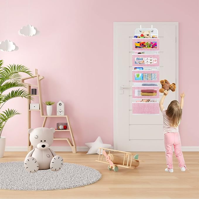 homyfort Over the Door Organizer, Hanging Baby Diaper Organizer for Nursery, Pink Wall Storage Organizer with 5 Large Pockets for Girls Room,Pantry,Dorm,Bathroom,Closet-NeatNest