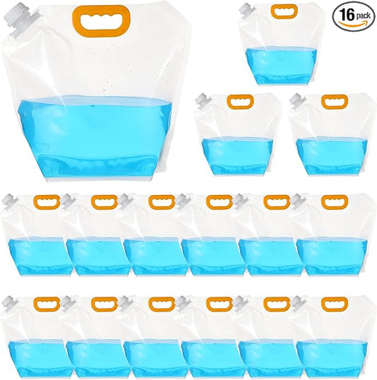 16 Pcs Collapsible Water Emergency Container Bag, 1.3 Gallon Storage Bags, Freezable, BPA Free Food Grade Clear Plastic Water Carrier Tank, Foldable Storage Bottle for Camping Riding