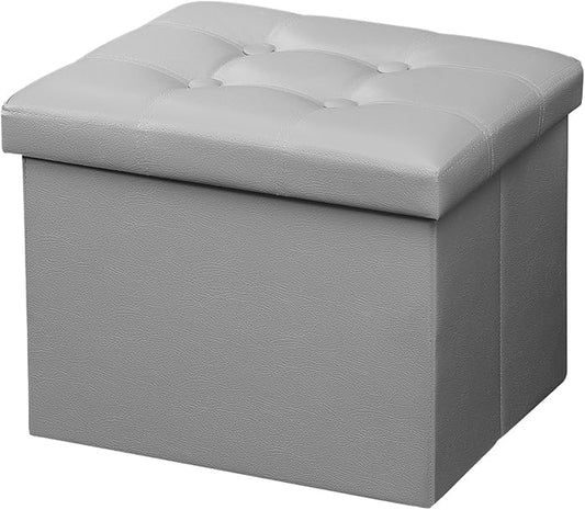 AmasSmile Storage Ottoman Folding Foot Rest Stool, Leather Footstool Bench, Short Ottoman Stool, Storage Foot Rest Store, Books (Grey, 17" D x 13" W x 13" H)-NeatNest