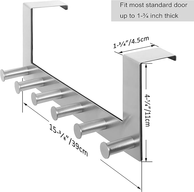 WEBI Over The Door Hooks Door Hanger,Over The Door Towel Rack with 6 Peg Hooks for Hanging,Over Door Coat Rack for Clothes,Back of Bathroom,Silver