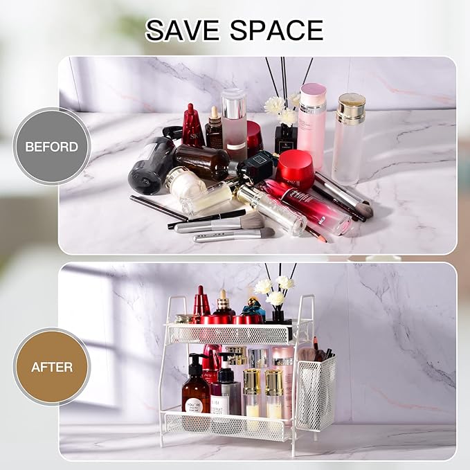 LEMIKKLE Countertop organizer for bathroom counter, bathroom organizers and storage, spice rack organizer for kitchen counter shelf with small basket(White)-NeatNest