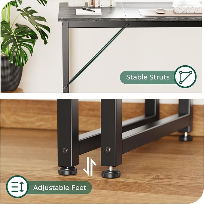 Huuger Computer Gaming Desk, 63 Inch Office Desk With Storage, Writing Work Surface for Home Office, Study, Modern Simple Style, Large Legroom, Metal Frame, Grey-NeatNest
