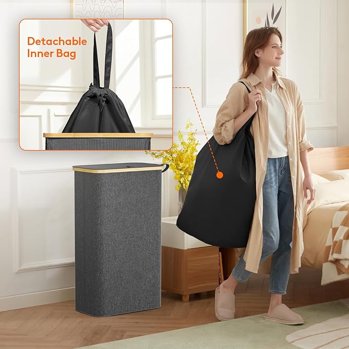 Lifewit 75L Slim Laundry Hamper with Lid, Narrow Laundry Basket with Removable Bag & Bamboo Handles, Fodable Thin Dirty Clothes Hamper for Laundry Collapsible Bin for Bathroom Bedroom Dorm, Dark Gray-NeatNest