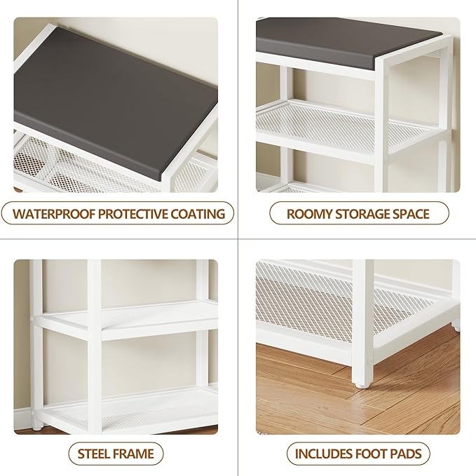 Small Shoe Bench Shoe Rack Storage Bench Entryway Bench Shoe Shelf with Seat Cushion, Stable Shoe Organizer for Entryway, Living Room, Bench Seat Holds Up to 300 lb, (18"L x 12"W x 17"H, White)-NeatNest