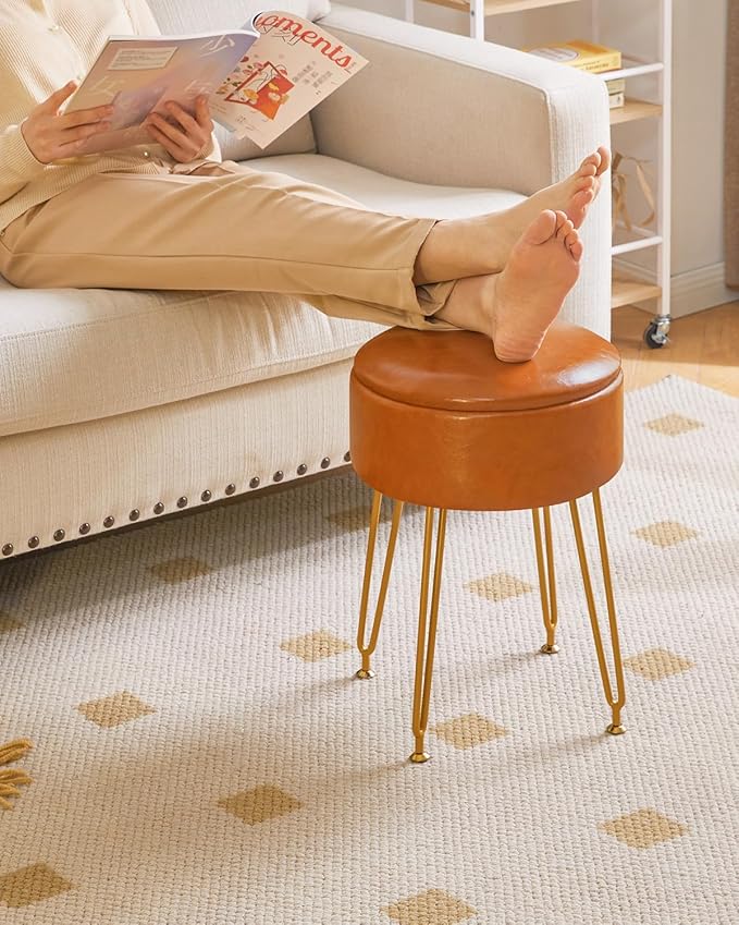 IBUYKE Faux Leather Round Footrest Stool with Storage Ottoman, Makeup Vanity Chair Side Table, PU Dressing Table Seat, Removable Cover, Golden Steel Legs, Light Brown WBD024J