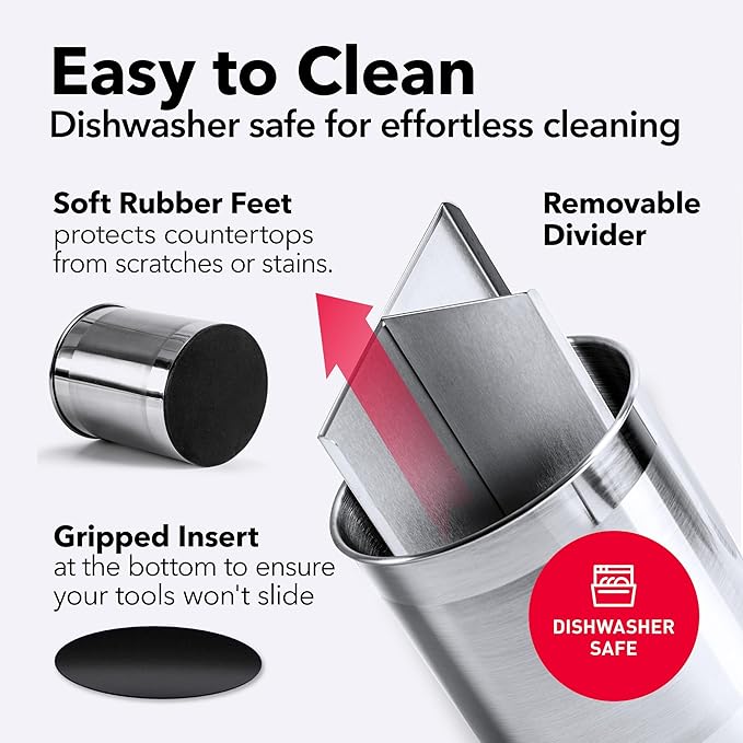 Cooler Kitchen Rotating Extra Large Stainless Steel Utensil Holder Caddy with Sturdy No-Tip Weighted Base, Removable Divider, and Gripped Insert Bottom -Dishwasher Safe Metal Cooking Utensil Holder…-NeatNest