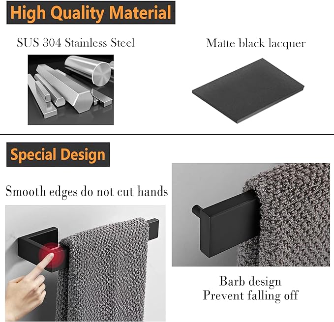 2-Piece Hand Towel Holder, Towel Ring - Thicken SUS 304 Stainless Steel Towel Holder for Bathroom Wall, 8" Rectangular Modern Design Hand Towel Bar, Contemporary Hand Towel Rack - Matte Black