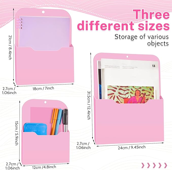 Fuutreo 6 Pcs Magnetic Wall File Organizer Magnetic Wall File Holder Refrigerator Magazine Holder for Mail Letters Paper (Vertical Mixed, Pink, 12.6x9.5, 9x7, 6.6x4.8 Inch)