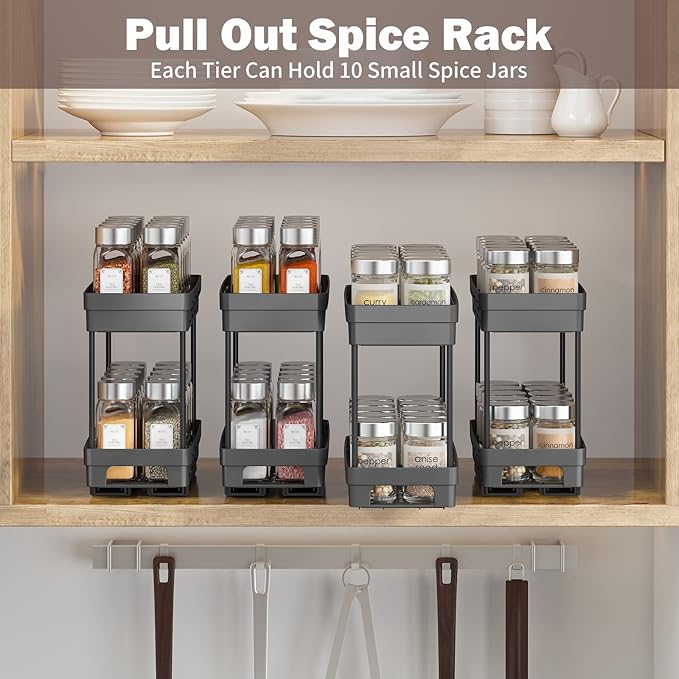 2 Pack Pull Out Spice Rack Organizer for Cabinet, Slide Out Spice Racks Organizer, Spice Cabinet Organizers, Cabinet Size Need:12'' Highx11'' Deepx5'' Wide,Hold 10 Spice Jar Each Tier-2Tier, Black-NeatNest