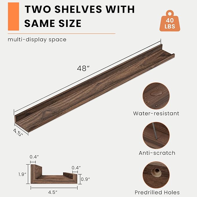 Heimlove Picture Ledge Shelf, Floating Shelves Set of 2, 48 Inches Picture Shelf for Wall with Ledge, Kids Bookshelf Wall Mounted for Living Room Bedroom Decor Books Photo Frames, Walnut-NeatNest
