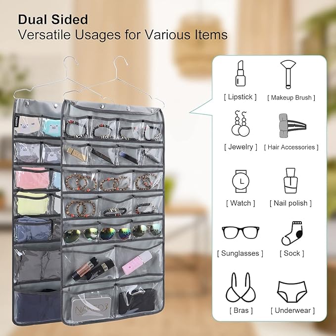 Dual Sided Hanging Organizer for Jewelry Makeup Storage Closet Organizers for Bows Socks Underwear with 42 Clear Pockets (GREY)-NeatNest