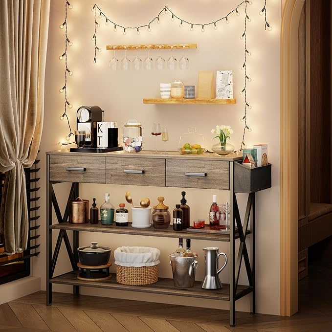 Gizoon 47" Entryway Table with 3 Drawers and 3 Tier Storage Shelves, Industrial Narrow Long Sofa Table, Farmhouse Style Console Table for Living Room, Hallway, Couch, Small Spaces - Grey-NeatNest