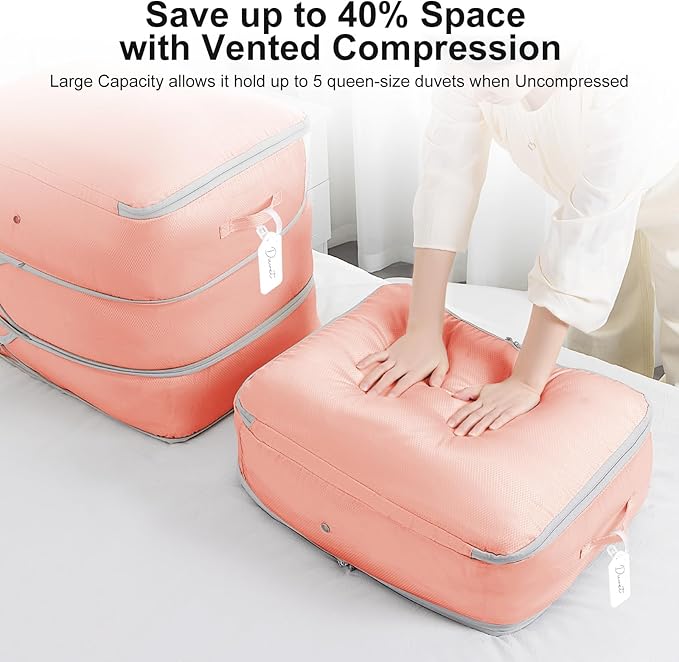 Comforter Storage Bag - Large Capacity Blanket Storage Bags 3-Layer Ultra Space Saving Self Compression Organizer, Washable Compression Bags for Storage Comforter Blanket, 4-Pack, Pink-NeatNest