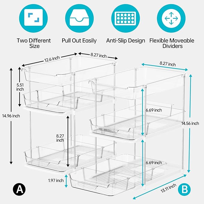 Delamu 2 Sets of 3-Tier Bathroom Under Sink Organizers and Storage, Multi-Purpose Stackable Pantry Organization and Storage, Pull Out Clear Kitchen Bathroom Cabinet Organizer with Movable Dividers-NeatNest