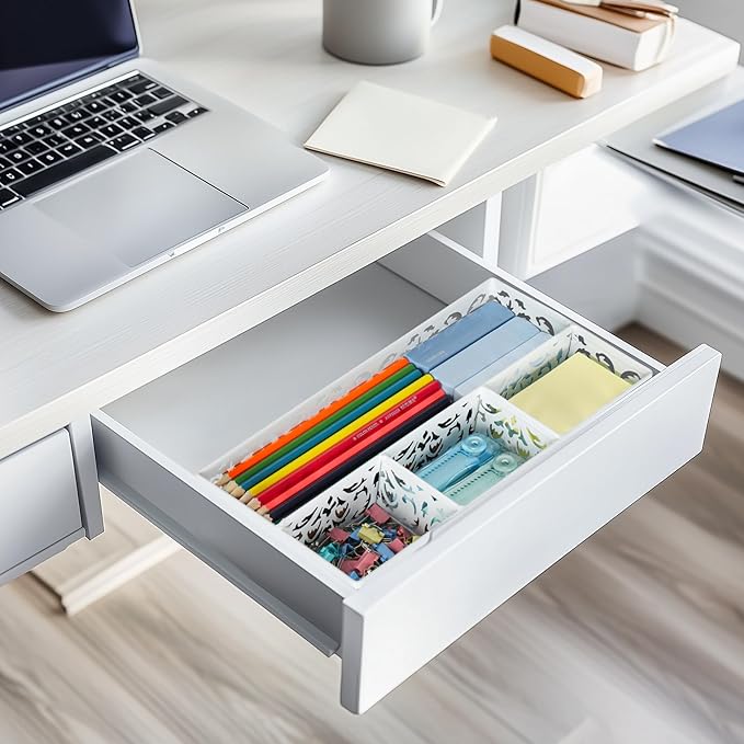 EasyPAG Desk Drawer Organizer with 4 Compartments, Carved Hollow Floral Metal Tray for Office, Jewelry, Cosmetics - No Assembly, White-NeatNest