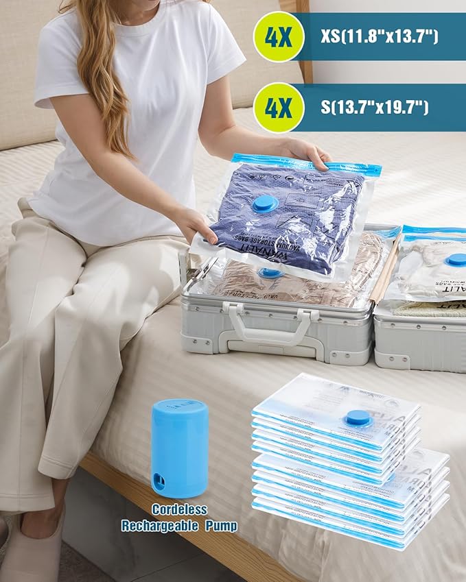 Vacuum Storage Bags for Travel, 8 Pack (4S+4XS) Vacuum Seal Bags with Wireless Rechargeable Electric Pump, Travel Essentials Space Saving Compression Bag for Clothes, Luggage, Suitcase, Backpack, Trip-NeatNest