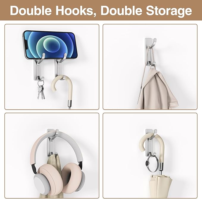 pickpiff Wall Hooks for Coat and Towel: 13LB Adhesive Door Hanger Stick on for Bathroom, Dorm, RV, Closet - Silver, 4 Pack