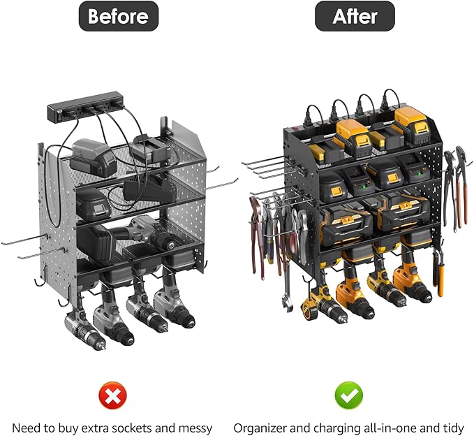 CCCEI Modular Power Tool Organizer with Charging Station. 4 Layer Wall Mount Drills Holder, Tool Battery Charger Organizer. Garage Shop Storage Utility Shelf with 10FT Power Strip, Gift for Men.-NeatNest