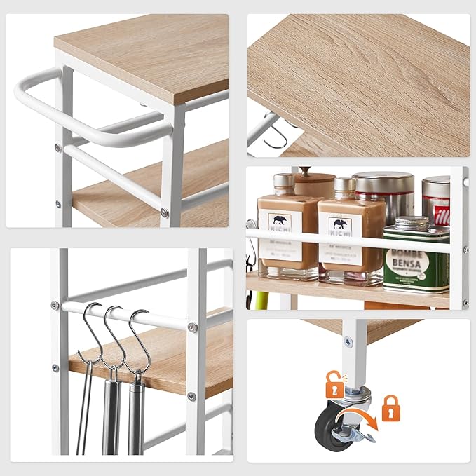 IBUYKE 7.8" Slim Rolling Cart,4 Tier Metal Kitchen Laundry Storage Cart,Industrial Narrow Utility cart,Trolley with Handle and Wooden Tabletop,for Kitchen, Living Room,Bathroom,Natural UTMJ065R