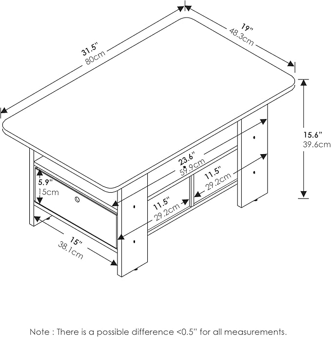 Furinno Andrey Coffee Table with Bin Drawer, Americano/Medium Brown, Small Non-Lift Top-NeatNest