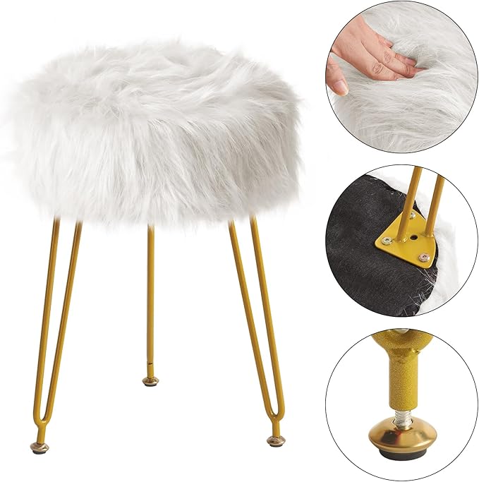 IBUYKE Faux Fur Vanity Stool Chair, Furry Makeup Stool Ottoman, Soft Padded Seat, Round Footrest Footstools with 4 Metal Legs, for Living Room Bedroom Entryway, White LG-32W