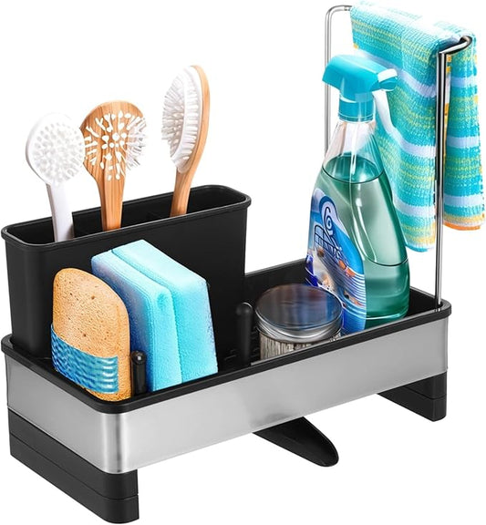 Kitchen Sink Organizer with Drain Tray, Stainless Steel and Plastic Sink Caddy, Adjustable Divider and Towel Rack, Includes Brush Holder and Non-Slip Base, Perfect for Kitchen Cleaning Tools