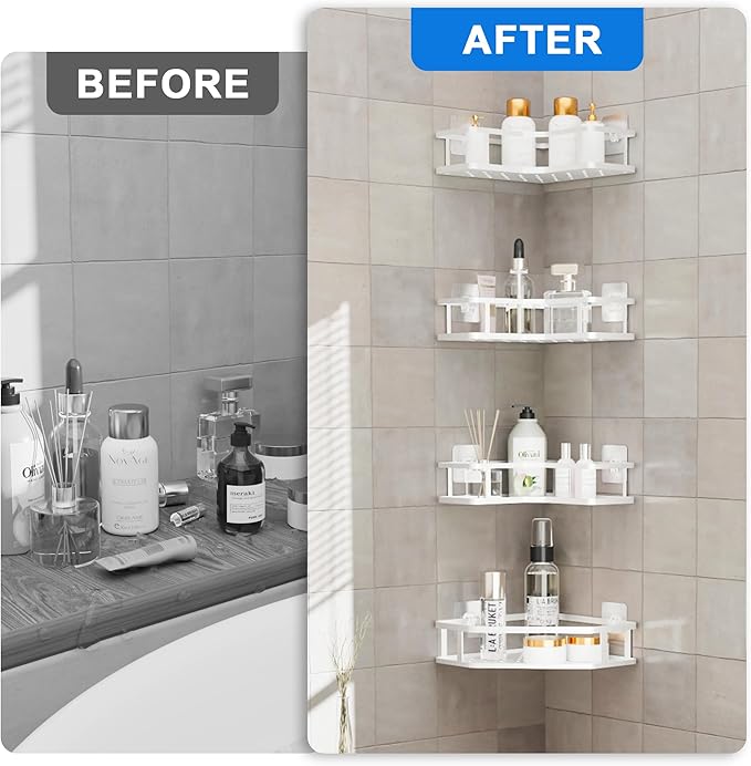 FJNATINH Corner Shower Caddy - 4 Tier Shower Organizer Corner Shelf Stand, Stainless Steel Standing Tall Floor Shower Shelf Rack Storage Stands for Bathroom Balcony Kitchen, No Drilling Shelves, White