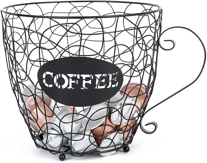 Coffee Pod Holder, Super Large Capacity K-Cup & Nespresso Capsule Basket, XL Metal Kcup Storage, Bar Organizer for Kitchen Dinning Room Office Home Cafe Hotel (Black-Round-Cup)-NeatNest