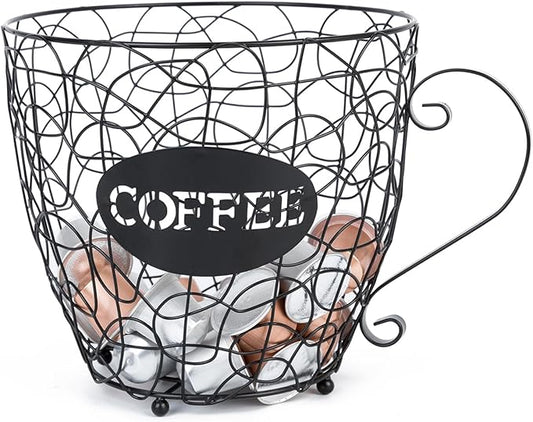 Coffee Pod Holder, Super Large Capacity K-Cup & Nespresso Capsule Basket, XL Metal Kcup Storage, Bar Organizer for Kitchen Dinning Room Office Home Cafe Hotel (Black-Round-Cup)-NeatNest