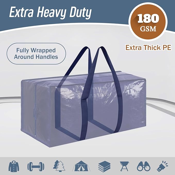 12 Pack Extra Heavy Duty Large Moving Bags with Strong Zipper & Comfortable Handles, Sturdy & Durable Clothes Storage Bags Totes Bins, Packing Moving Boxes for College Supplies, Dark Blue-NeatNest