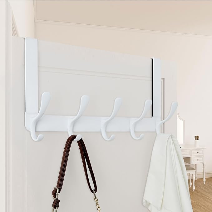 WEBI Over The Door Hook 5 Coat Hooks,Over The Door Towel Rack,Door Hanger Coat Rack Towel Hanger for Hanging Coats,Clothes,Back of Bathroom,White
